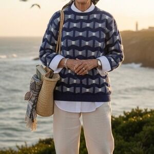 J Christopher Vintage Wool Mohair Sweater Blue Cream Geometric Bow Tie Small